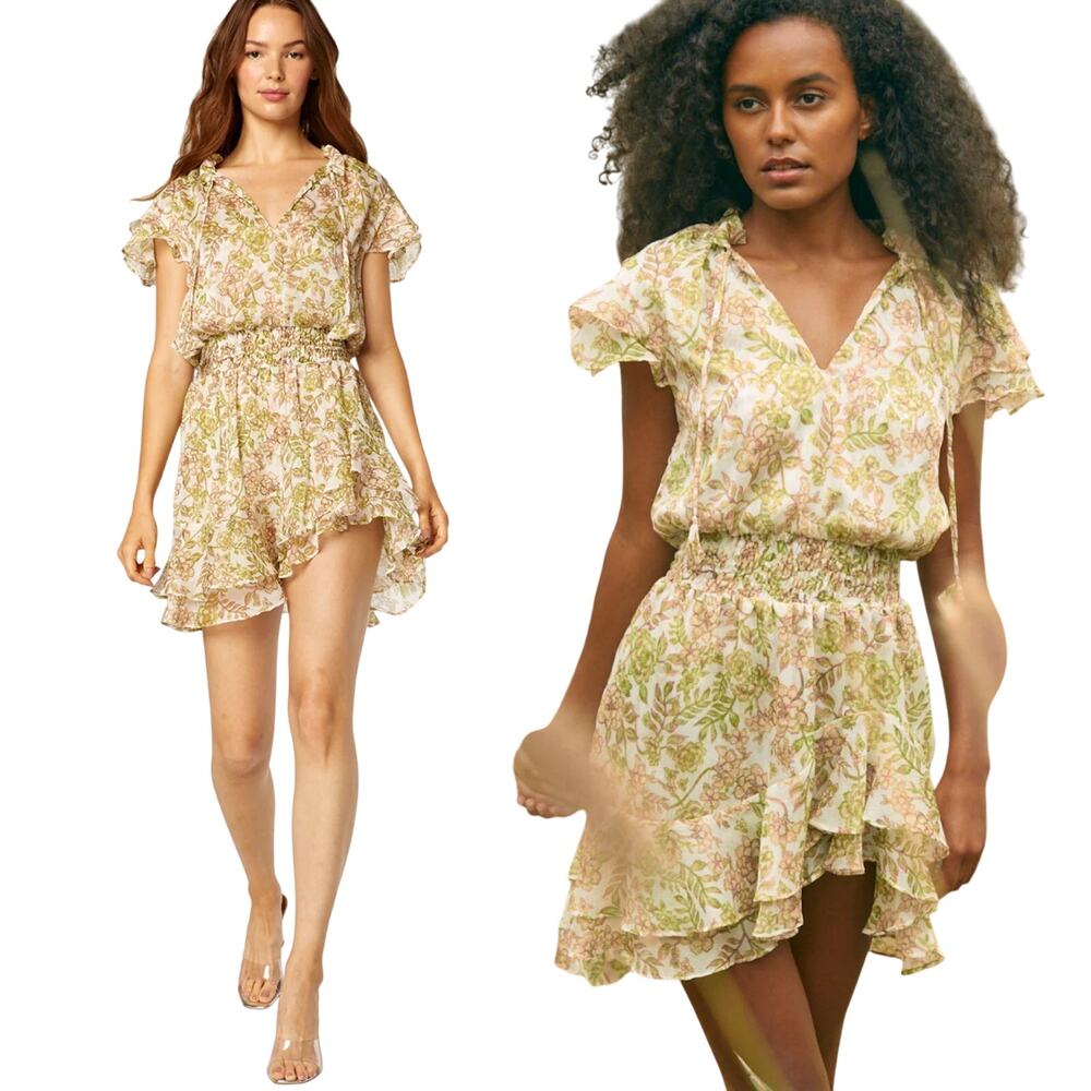 MISA Maia Blouson Mini Dress Floral Print Tiered Ruffled V Neck Green Goddess S
